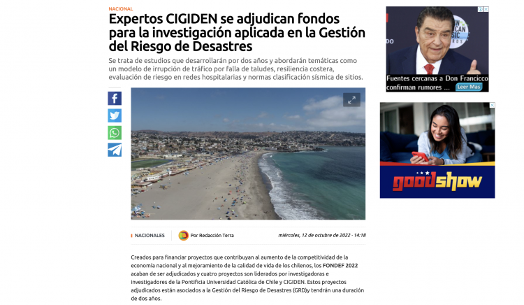 Terra.cl: ‘Expertos CIGIDEN se adjudican fondos para la investigación aplicada en la Gestión del Riesgo de Desastres’