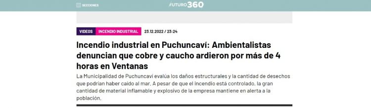 Futuro 360 | Incendio industrial en Puchuncaví: Ambientalistas denuncian que cobre y caucho ardieron por más de 4 horas en Ventanas
