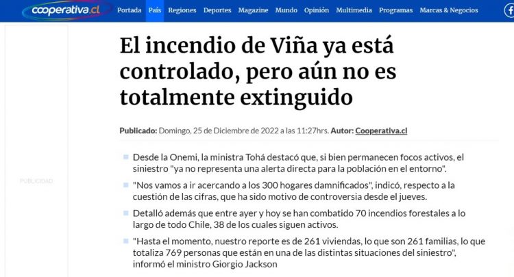 Cooperativa | El incendio de Viña ya está controlado, pero aún no es totalmente extinguido