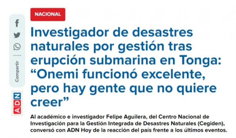 ADN | Investigador de desastres naturales por gestión tras erupción submarina en Tonga: “Onemi funcionó excelente, pero hay gente que no quiere creer”