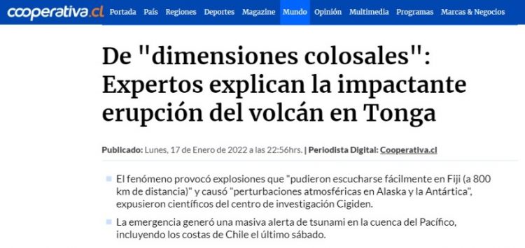 Cooperativa | De «dimensiones colosales»: Expertos explican la impactante erupción del volcán en Tonga