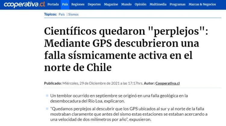 Cooperativa | Científicos quedaron «perplejos»: Mediante GPS descubrieron una falla sísmicamente activa en el norte de Chile