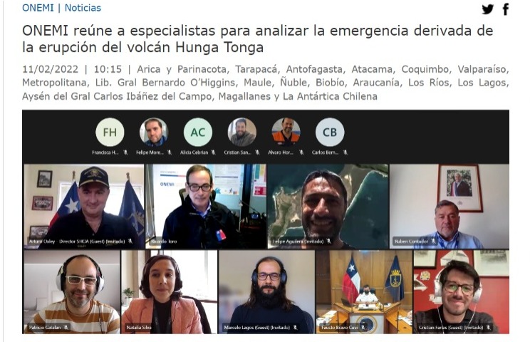 ONEMI | ONEMI reúne a especialistas para analizar la emergencia derivada de la erupción del volcán Hunga Tonga
