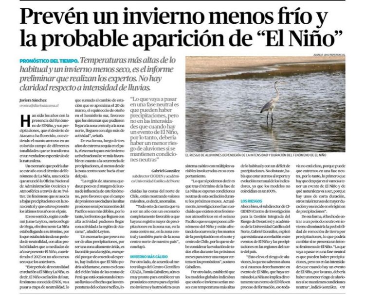 Diario de Atacama | Prevén un invierno menos frío y la probable aparición de «El Niño»