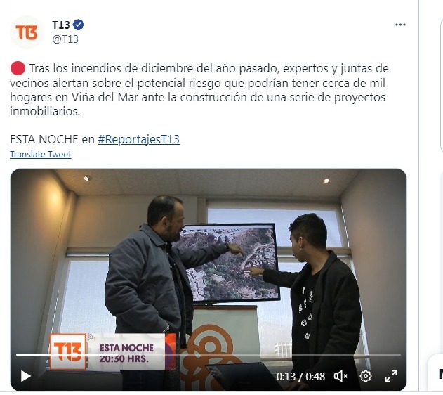 T13 | Tras los incendios de diciembre del año pasado, expertos y juntas de vecinos alertan sobre el potencial riesgo que podrían tener cerca de mil hogares en Viña del Mar