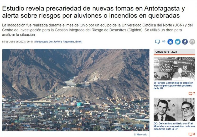 Emol | Estudio revela precariedad de nuevas tomas en Antofagasta y alerta sobre riesgos por aluviones o incendios en quebradas