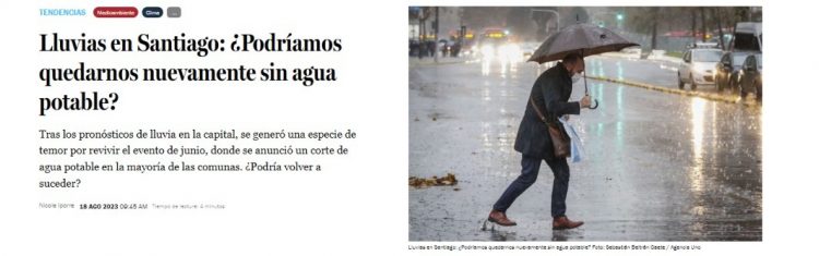 La Tercera | Lluvias en Santiago: ¿Podríamos quedarnos nuevamente sin agua potable?