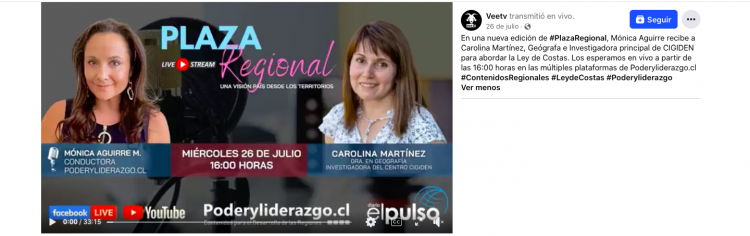 VeeTv | #PlazaRegional, Mónica Aguirre recibe a Carolina Martínez, Geógrafa e Investigadora principal de CIGIDEN para abordar la Ley de Costas.