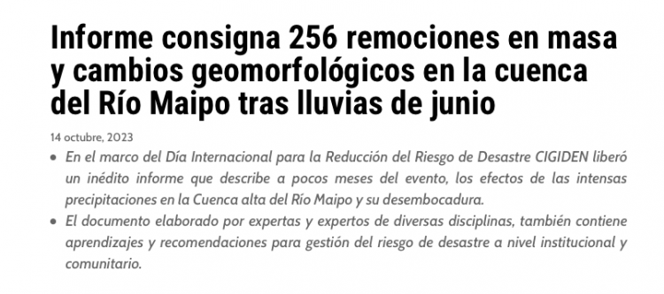 Ad Prensa | Informe consigna 256 remociones en masa y cambios geomorfológicos en la cuenca del Río Maipo tras lluvias de junio