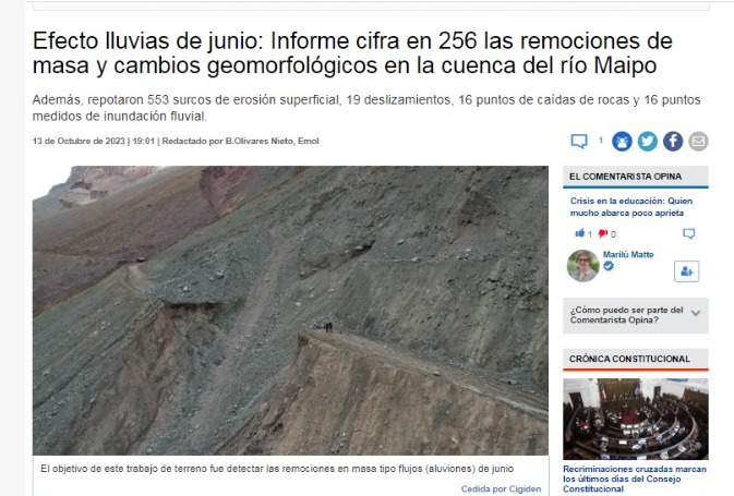 Emol | Efecto lluvias de junio: Informe cifra en 256 las remociones de masa y cambios geomorfológicos en la cuenca del río Maipo