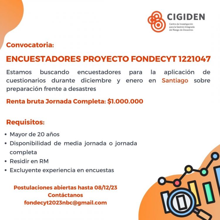 Perfil de cargo Encuestadores 2023-2024 Proyecto Fondecyt 1221047 “Preparación y vulnerabilidad social frente a desastres socio-naturales en un escenario de múltiples amenazas naturales”