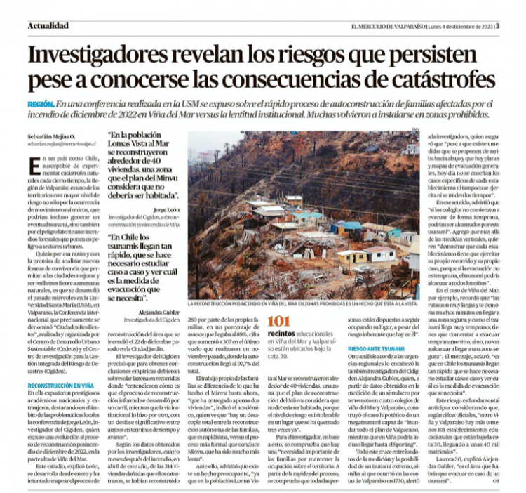 El Mercurio de Valparaíso | Investigadores revelan los riesgos que persisten pese a conocerse las consecuencias de catástrofes