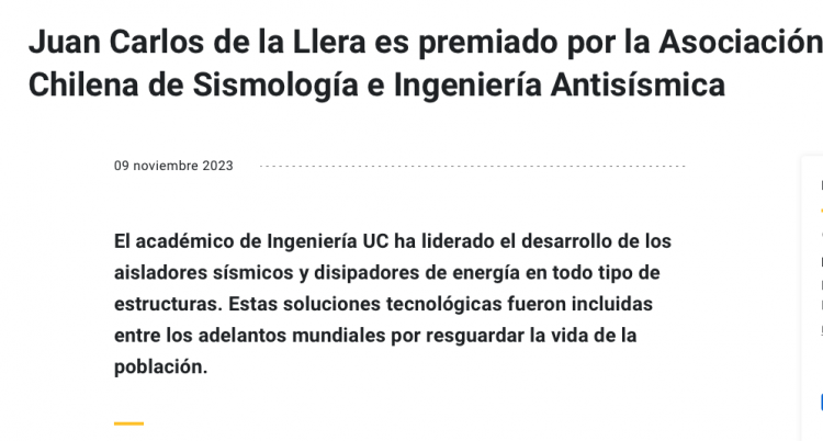 Noticias UC | Juan Carlos de la Llera es premiado por la Asociación Chilena de Sismología e Ingeniería Antisísmica