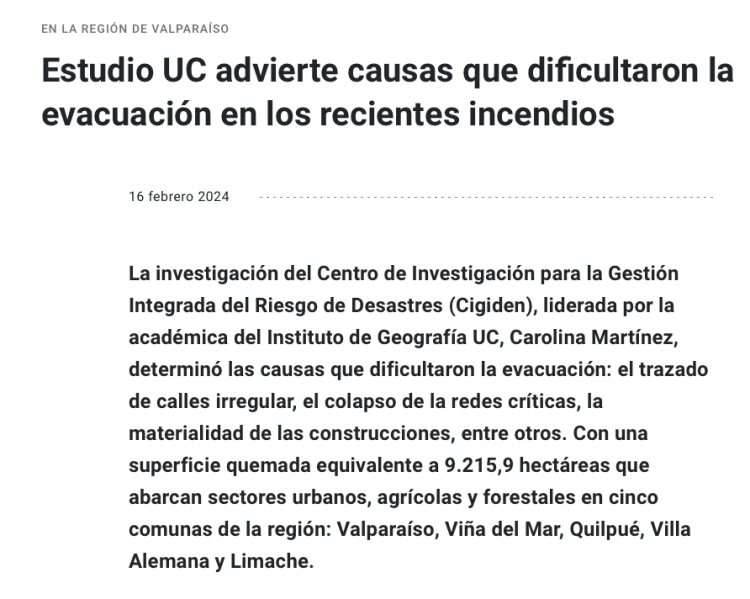 UC | Estudio UC advierte causas que dificultaron la evacuación en los recientes incendios