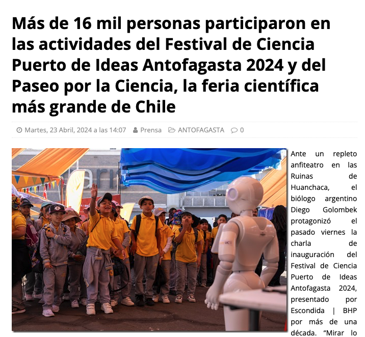 Regiones Noticias | Más de 16 mil personas participaron en las actividades del Festival de Ciencia Puerto de Ideas Antofagasta 2024 y del Paseo por la Ciencia, la feria científica más grande de Chile