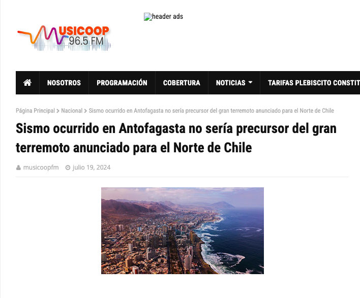 Musicoop | Sismo ocurrido en Antofagasta no sería precursor del gran terremoto anunciado para el Norte de Chile