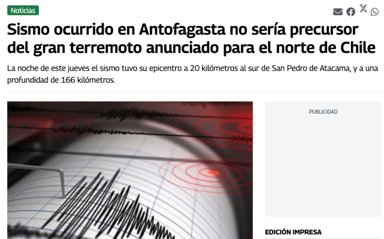 Publimetro | Sismo ocurrido en Antofagasta no sería precursor del gran terremoto anunciado para el norte de Chile