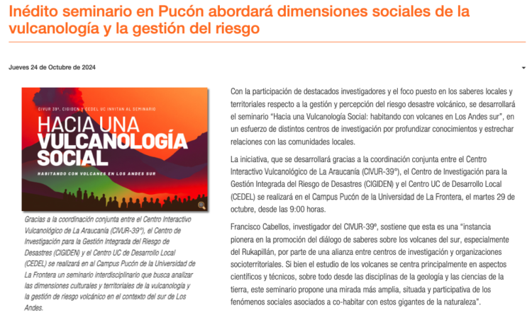 UFRO | Inédito seminario en Pucón abordará dimensiones sociales de la vulcanología y la gestión del riesgo