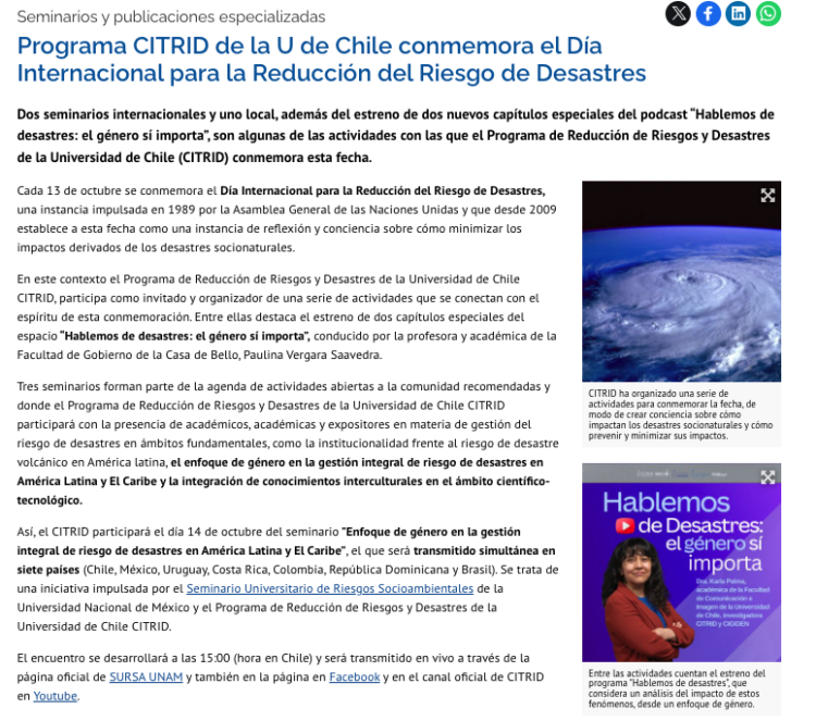 U. de Chile | Programa CITRID de la U de Chile conmemora el Día Internacional para la Reducción del Riesgo de Desastres