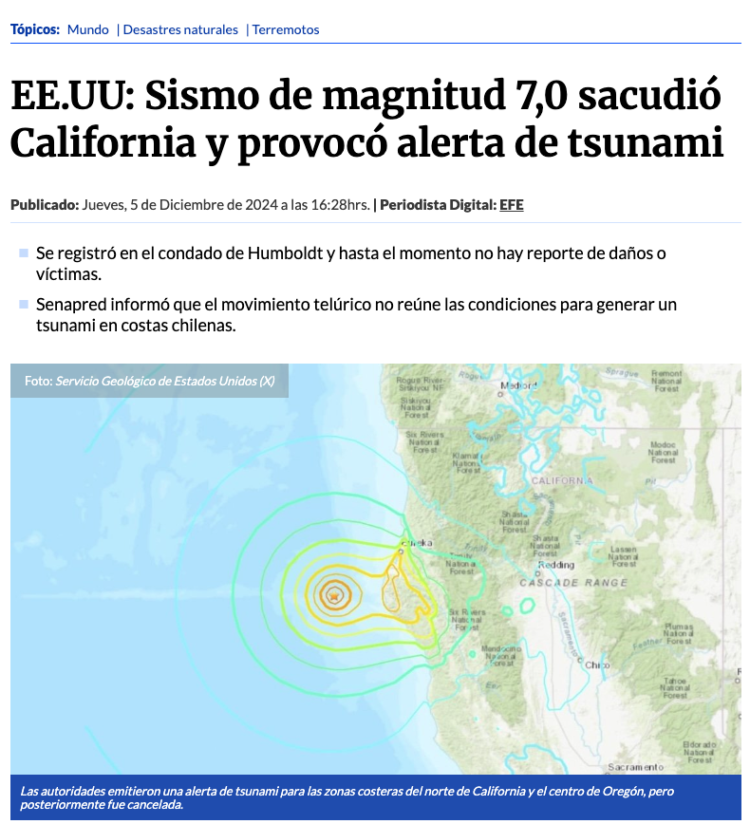 Cooperativa | EE.UU: Sismo de magnitud 7,0 sacudió California y provocó alerta de tsunami
