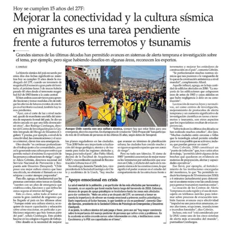 El Mercurio | Mejorar la conectividad y la cultura sísmica en migrantes es una tarea pendiente frente a futuros terremotos y tsunamis