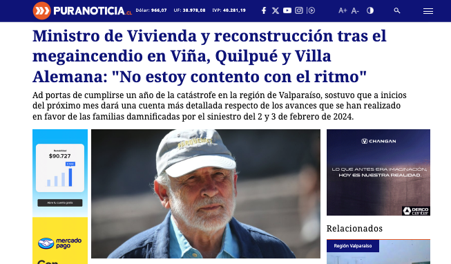 PuraNoticia | Ministro de Vivienda y reconstrucción tras el megaincendio en Viña, Quilpué y Villa Alemana: «No estoy contento con el ritmo»