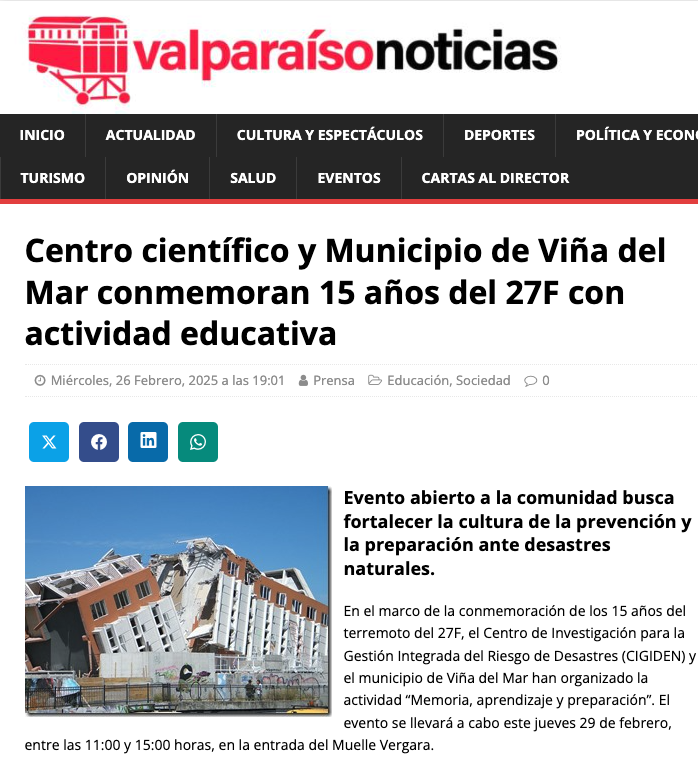 Valparaíso Noticias | Centro científico y Municipio de Viña del Mar conmemoran 15 años del 27F con actividad educativa