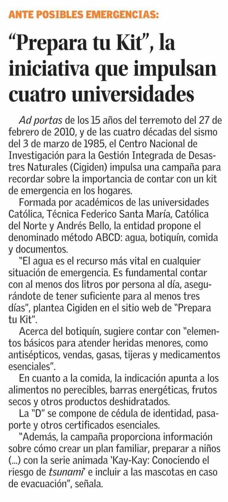 El Mercurio | “Prepara tu Kit”, la iniciativa que impulsan cuatro universidades