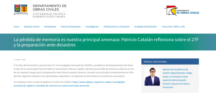 Obras Civiles USM | La pérdida de memoria es nuestra principal amenaza: Patricio Catalán reflexiona sobre el 27F y la preparación ante desastres