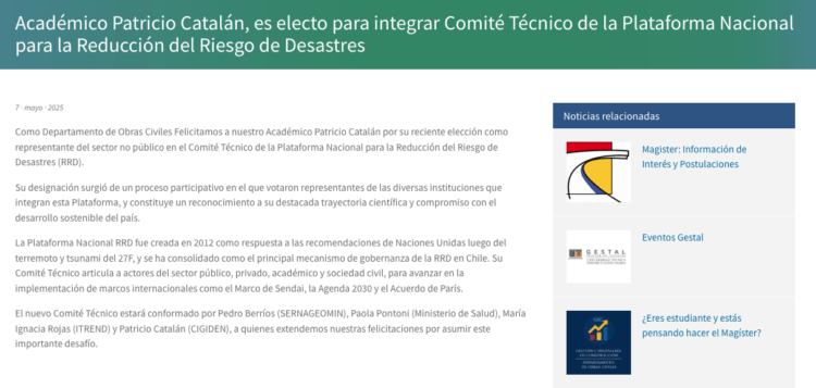 USM | Académico Patricio Catalán, es electo para integrar Comité Técnico de la Plataforma Nacional para la Reducción del Riesgo de Desastres